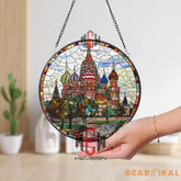 St. Basil’s Cathedral Stained Glass Suncatcher Colorful Russian Landmark Window Art Moscow Travel Gift Round Historical